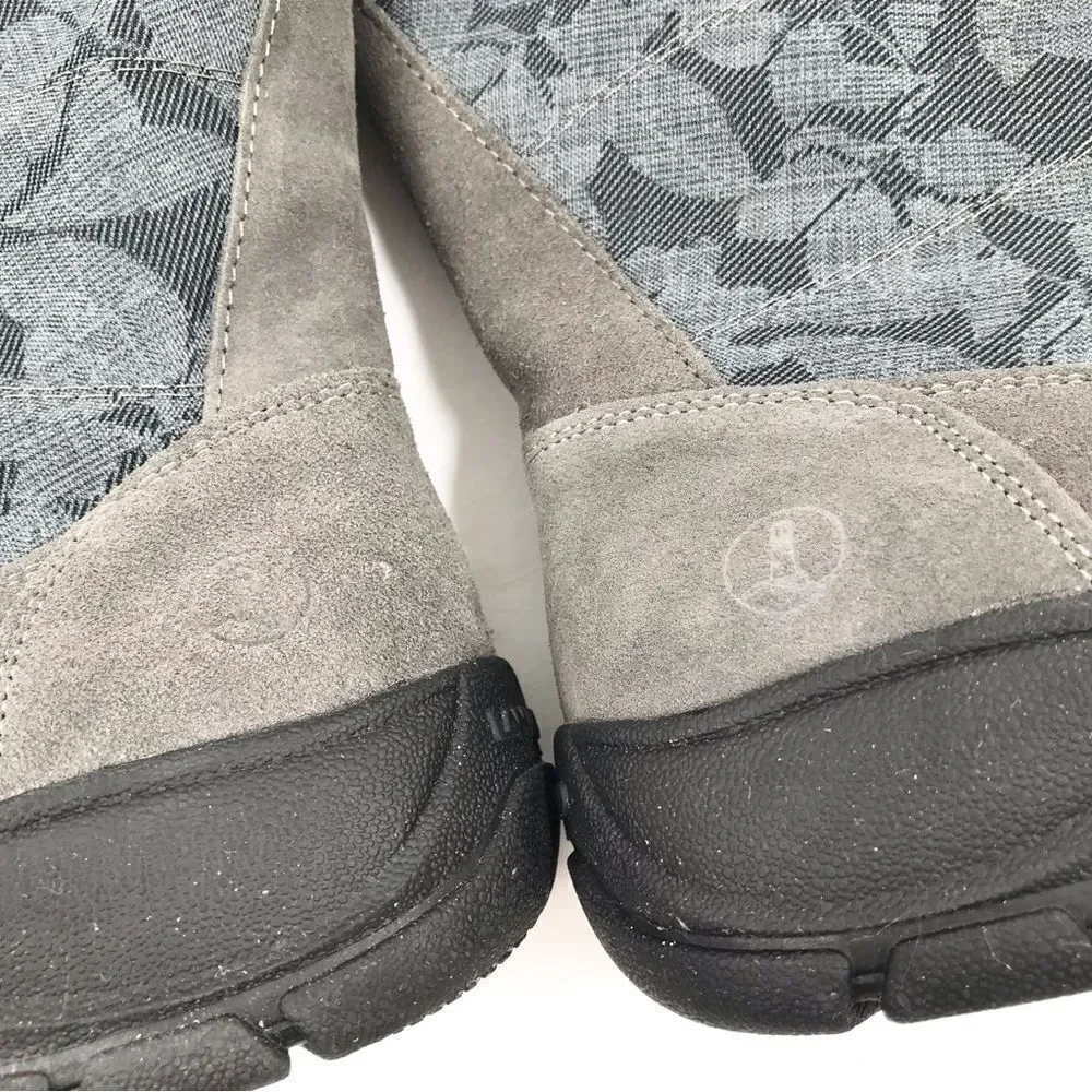 Land’s End Gray Suede Floral Canvas Front Zip Faux Fur Lined Thermolite Boot NEW